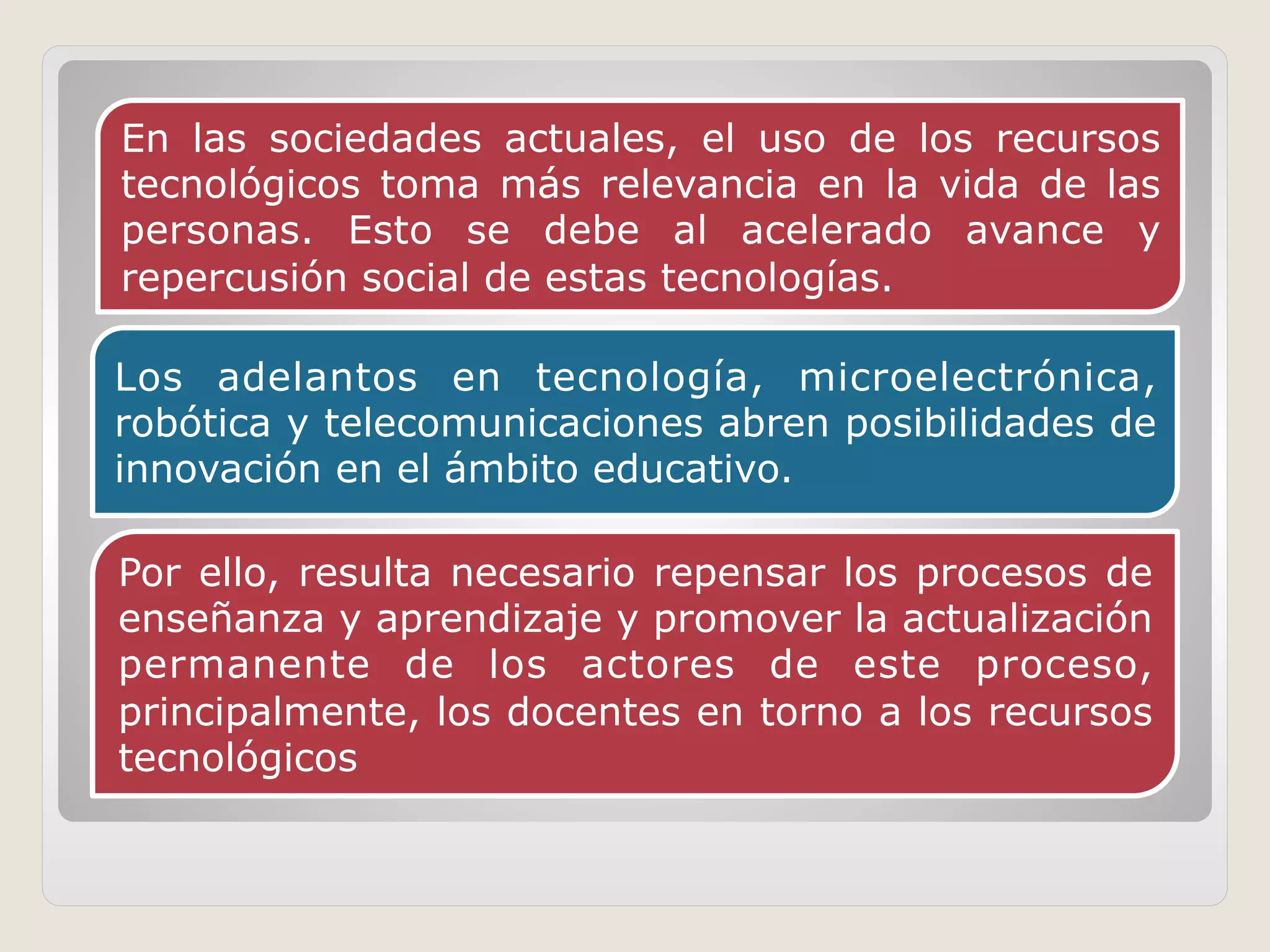 Los adelantos en tecnología, microelectrónica,
robótica y telecomunicaciones abren posibilidades de
innovación en el ámbito educativo.
En las sociedades actuales, el uso de los recursos
tecnológicos toma más relevancia en la vida de las
personas. Esto se debe al acelerado avance y
repercusión social de estas tecnologías.
Por ello, resulta necesario repensar los procesos de
enseñanza y aprendizaje y promover la actualización
permanente de los actores de este proceso,
principalmente, los docentes en torno a los recursos
tecnológicos
 