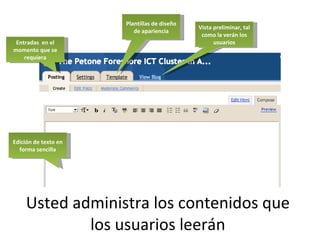 Usted administra los contenidos que los usuarios leerán Edición de texto en forma sencilla Entradas en el momento que se requiera Plantillas de diseño de apariencia Vista preliminar, tal como la verán los usuarios