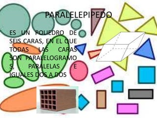 PARALELEPIPEDO
ES UN POLIEDRO DE
SEIS CARAS, EN EL QUE
TODAS LAS CARAS
SON PARALELOGRAMO
S, PARALELAS E
IGUALES DOS A DOS
 