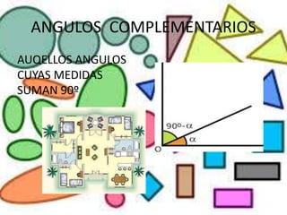 ANGULOS COMPLEMENTARIOS
AUQELLOS ANGULOS
CUYAS MEDIDAS
SUMAN 90º
 