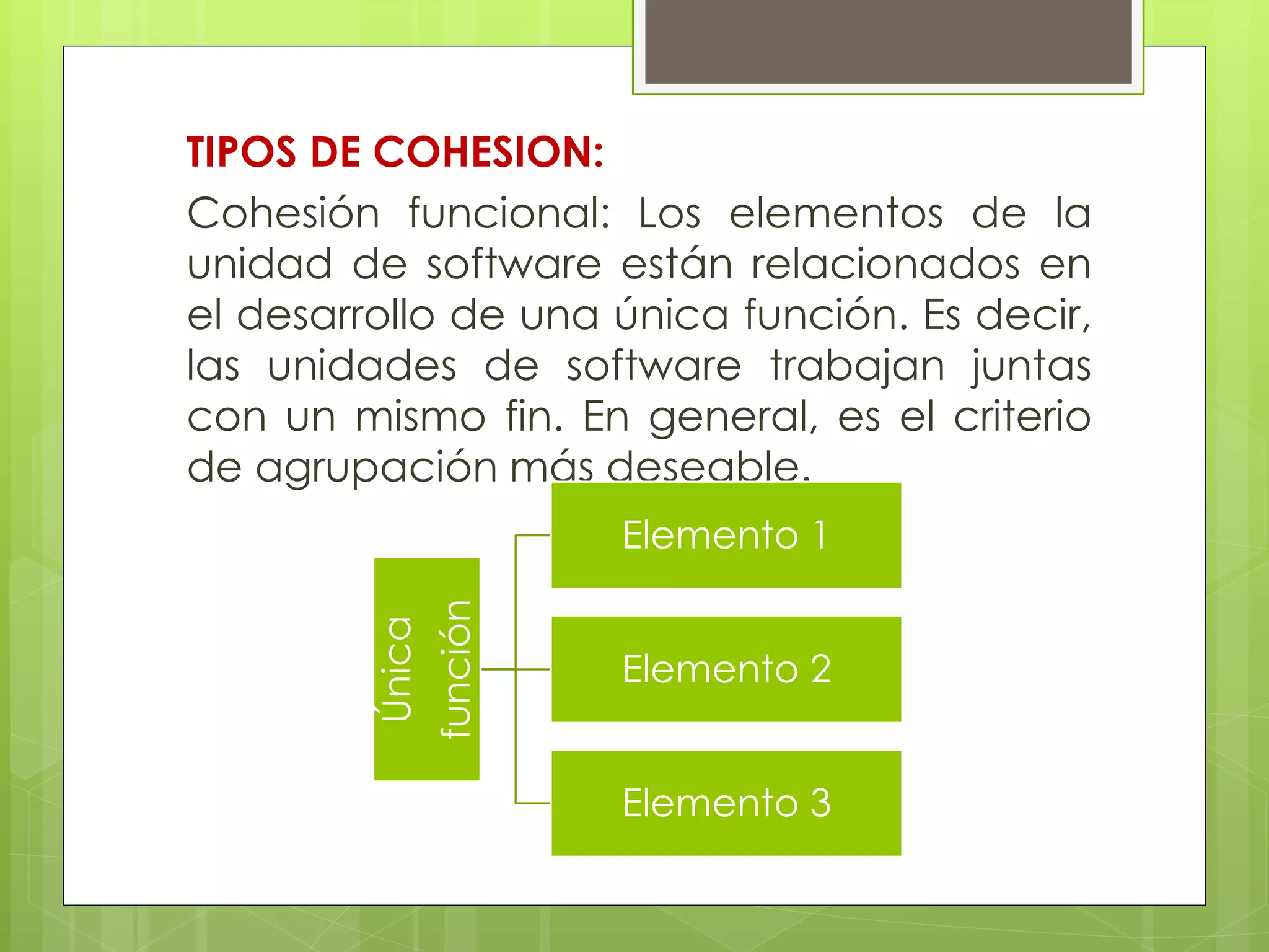 TIPOS DE COHESION:
Cohesión funcional: Los elementos de la
unidad de software están relacionados en
el desarrollo de una única función. Es decir,
las unidades de software trabajan juntas
con un mismo fin. En general, es el criterio
de agrupación más deseable.

función

Única

Elemento 1
Elemento 2
Elemento 3

 