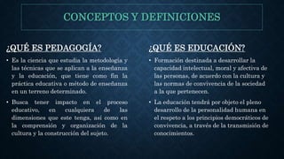 CONCEPTOS Y DEFINICIONES
¿QUÉ ES PEDAGOGÍA?
• Es la ciencia que estudia la metodología y
las técnicas que se aplican a la enseñanza
y la educación, que tiene como fin la
práctica educativa o método de enseñanza
en un terreno determinado.
• Busca tener impacto en el proceso
educativo, en cualquiera de las
dimensiones que este tenga, así como en
la comprensión y organización de la
cultura y la construcción del sujeto.
¿QUÉ ES EDUCACIÓN?
• Formación destinada a desarrollar la
capacidad intelectual, moral y afectiva de
las personas, de acuerdo con la cultura y
las normas de convivencia de la sociedad
a la que pertenecen.
• La educación tendrá por objeto el pleno
desarrollo de la personalidad humana en
el respeto a los principios democráticos de
convivencia, a través de la transmisión de
conocimientos.
 