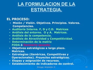 LA FORMULACION DE LA ESTRATEGIA. EL PROCESO: -  Misión / Visión. Objetivos. Principios. Valores. Competencias. -  Auditoría Interna. F, D y C.D.  Matrices -  Análisis del entorno.  O y A.  Matrices. -  Análisis de la competencia. -  Análisis de Atractividad y Competitividad. -  Determinación de la matriz  FODA  ó  Escenario apuesta.   -  Objetivos estratégicos a largo plazo.  Matrices. -  Estrategias (Genéricas, Competitivas y  Operacionales).  Proyectos estratégicos. -  Etapas y asignación de recursos. -  Establecimiento de indicadores de control.  Enrique  Amorocho  C. 