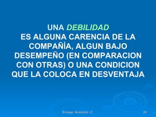 UNA  DEBILIDAD ES ALGUNA CARENCIA DE LA COMPAÑÍA, ALGUN BAJO DESEMPEÑO (EN COMPARACION CON OTRAS) O UNA CONDICION QUE LA COLOCA EN DESVENTAJA Enrique  Amorocho  C. 