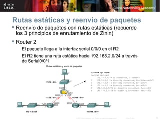 Rutas estáticas y reenvío de paquetes
 Reenvío de paquetes con rutas estáticas (recuerde
  los 3 principios de enrutamiento de Zinin)
 Router 2
    El paquete llega a la interfaz serial 0/0/0 en el R2
    El R2 tiene una ruta estática hacia 192.168.2.0/24 a través
    de Serial0/0/1




                                © 2007 Cisco Systems, Inc. Todos los derechos reservados.   Cisco Public   35
 