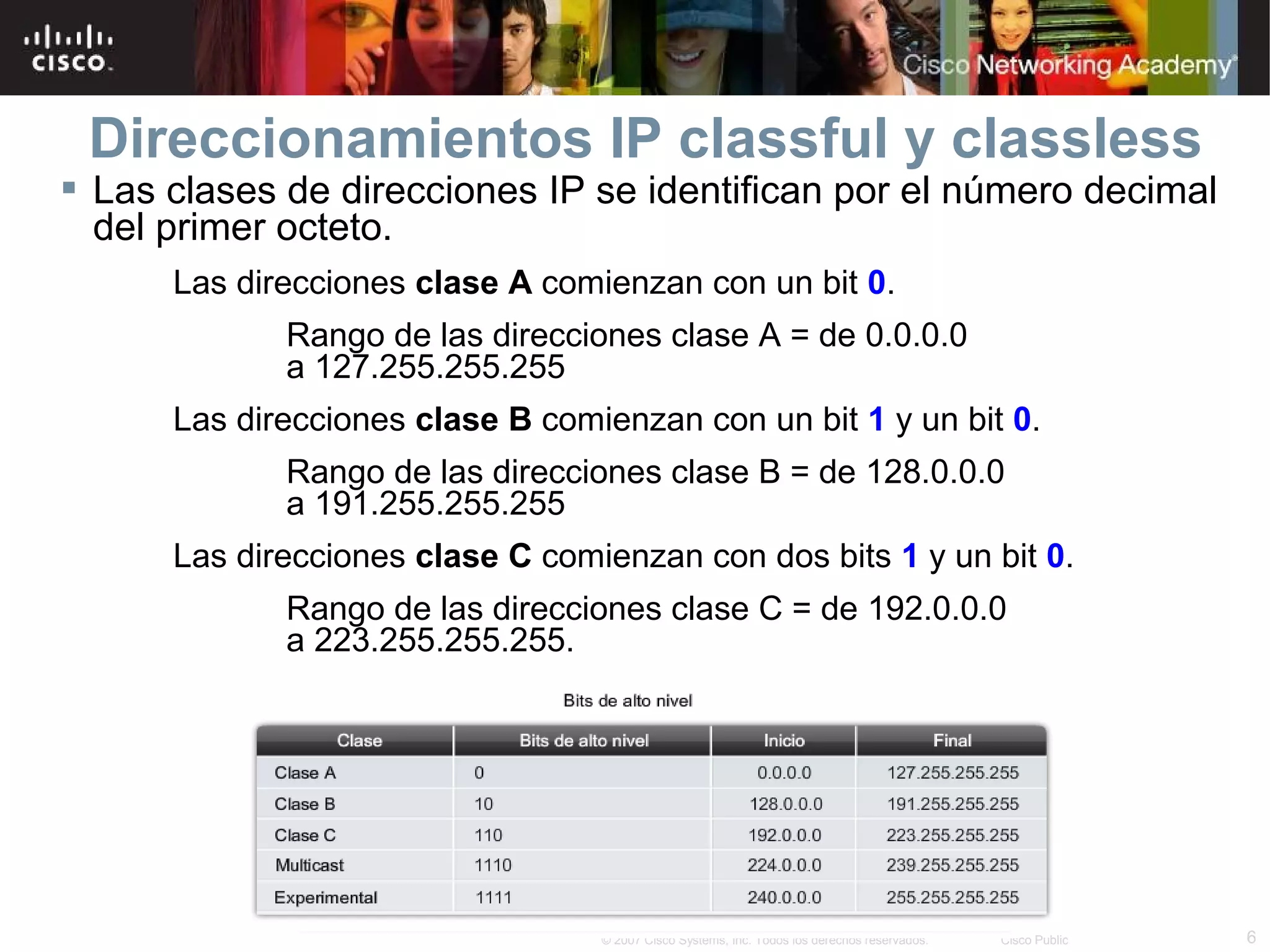 Direccionamientos IP classful y classless
 Las clases de direcciones IP se identifican por el número decimal
  del primer octeto.
      Las direcciones clase A comienzan con un bit 0.
             Rango de las direcciones clase A = de 0.0.0.0
             a 127.255.255.255
      Las direcciones clase B comienzan con un bit 1 y un bit 0.
             Rango de las direcciones clase B = de 128.0.0.0
             a 191.255.255.255
      Las direcciones clase C comienzan con dos bits 1 y un bit 0.
             Rango de las direcciones clase C = de 192.0.0.0
             a 223.255.255.255.




                                  © 2007 Cisco Systems, Inc. Todos los derechos reservados.   Cisco Public   6
 
