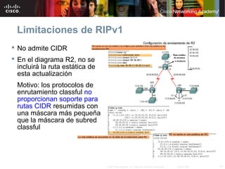 Limitaciones de RIPv1
 No admite CIDR
 En el diagrama R2, no se
  incluirá la ruta estática de
  esta actualización
  Motivo: los protocolos de
  enrutamiento classful no
  proporcionan soporte para
  rutas CIDR resumidas con
  una máscara más pequeña
  que la máscara de subred
  classful




                                 © 2007 Cisco Systems, Inc. Todos los derechos reservados.   Cisco Public   13
 