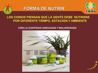 LOS CHINOS PIENSAN QUE LA GENTE DEBE  NUTRIRSE  POR DIFERENTE TIEMPO, ESTACION Y AMBIENTE CON LA CANTIDAD ADECUADA Y BALANCEADA FORMA DE NUTRIR 