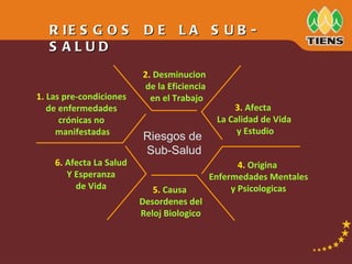 RIESGOS DE LA SUB-SALUD Riesgos de  Sub-Salud 2.  Desminucion  de la Eficiencia en el Trabajo 3.  Afecta  La Calidad de Vida y Estudio 4.  Origina  Enfermedades Mentales y Psicologicas 5.  Causa  Desordenes del Reloj Biologico 6.  Afecta La Salud Y Esperanza  de Vida 1.  Las pre-condiciones  de enfermedades  crónicas no  manifestadas 