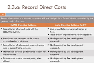 2.3.a: Record Direct Costs
 29

Record direct costs in a manner consistent with the budgets in a formal system controlled by the
general books of account.
           EVMIG Objective Evidence                      Agile Objective Evidence for EV
 Reconciliation of project costs with the         CAM would follow program direction on
  accounting system.                                these.
                                                   These are not impacted by sw dev approach
 Actual costs are reported at the control         Not impacted by SW development
  account level at a minimum.                       approach.
 Reconciliation of subcontract reported actual    Not impacted by SW development
  costs to subcontract payments.                    approach.
 Internal and external performance reports for  Not impacted by SW development
  subcontractors.                                 approach.
 Subcontractor control account plans, when        Not impacted by SW development
  utilized.                                         approach.
 