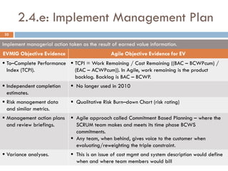 2.4.e: Implement Management Plan
 32

Implement managerial action taken as the result of earned value information.
EVMIG Objective Evidence                       Agile Objective Evidence for EV
 To–Complete Performance  TCPI = Work Remaining / Cost Remaining ((BAC – BCWPcum) /
  Index (TCPI).             (EAC – ACWPcum)). In Agile, work remaining is the product
                            backlog. Backlog is BAC – BCWP.
 Independent completion      No longer used in 2010
  estimates.
 Risk management data        Qualitative Risk Burn–down Chart (risk rating)
  and similar metrics.
 Management action plans     Agile approach called Commitment Based Planning – where the
  and review briefings.        SCRUM team makes and meets its time phase BCWS
                               commitments.
                              Any team, when behind, gives voice to the customer when
                               evaluating/reweighting the triple constraint.
 Variance analyses.          This is an issue of cost mgmt and system description would define
                               when and where team members would bill
 