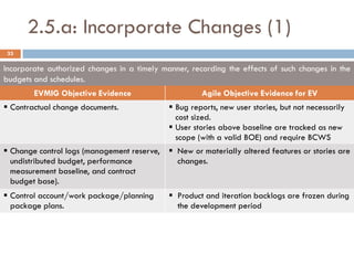 2.5.a: Incorporate Changes (1)
33

Incorporate authorized changes in a timely manner, recording the effects of such changes in the
budgets and schedules.
        EVMIG Objective Evidence                      Agile Objective Evidence for EV
 Contractual change documents.               Bug reports, new user stories, but not necessarily
                                               cost sized.
                                              User stories above baseline are tracked as new
                                               scope (with a valid BOE) and require BCWS
 Change control logs (management reserve,    New or materially altered features or stories are
  undistributed budget, performance            changes.
  measurement baseline, and contract
  budget base).
 Control account/work package/planning       Product and iteration backlogs are frozen during
  package plans.                               the development period
 