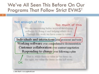 We’ve All Seen This Before On Our
    Programs That Follow Strict EVMS†
8




      † John Rusk’s www.agilewiki.com
 