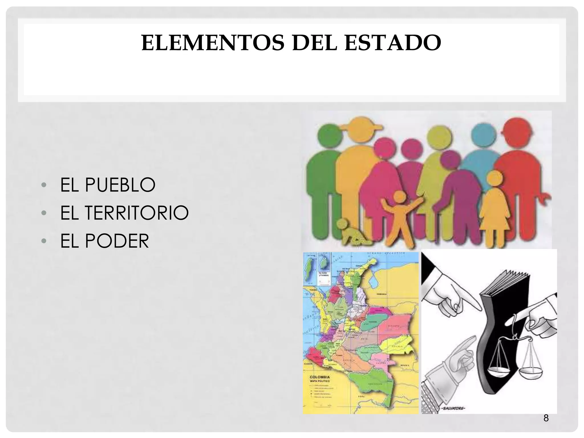 ELEMENTOS DEL ESTADO
• EL PUEBLO
• EL TERRITORIO
• EL PODER
8
 