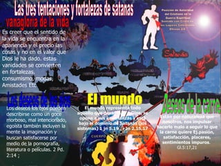 Las tres tentaciones y fortalezas de satanas El mundo Deseos de la carne Los deseos de los ojos El mundo representa todo aquello que desagrada a Dios, se opone a sus enseñanzas y está bajo el dominio de Satanás (los sistemas) 1 jn 5.19 ; i Jn 2.15,17 Están por naturaleza que nosotros, nos impulsar hacerlo malo a seguir lo que la carne quiere Ej.pasión, satisfacción, placeres, sentimientos impuros .  Gl.5:17,21 Los deseos los ojos pueden describirse como un goce morboso, mal intencionado, egoísta también incluyen la mente la imaginación y buscan satisfacerse por medio de la pornografía, literatura o películas. 2 Pd. 2:14 ; vanagloria de la vida Es creer que el sentido de la vida se encuentra en la apariencia y el precio las cosas y no en el valor que Dios le ha dado. estas vanidades se convierten en fortalezas. consumismo, modas, Amistades Etc 