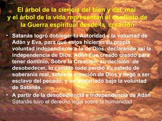 El árbol de la ciencia del bien y del  mal  y el árbol de la vida representan el conflicto de la Guerra espiritual desde la  creación Satanás logró doblegar la Autoridad y la voluntad de Adán y Eva, para qué estos hicieran su propia voluntad independiente a la de Dios. declarando así la independencia de Dios. Adán Fue creado creado para tener dominio, Sobre la Creación, su decisión  de desobedecer, lo cambió todo perdió su estado de soberanía real, sobre la creación de Dios y llegó a ser esclavo del pecado, y un asalariado bajo la voluntad de Satanás. A partir de la desobediencia e independencia de Adán  Satanás tuvo el derecho legal sobre la humanidad 