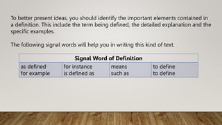 To better present ideas, you should identify the important elements contained in
a definition. This include the term being defined, the detailed explanation and the
specific examples.
The following signal words will help you in writing this kind of text.
Signal Word of Definition
as defined
for example
for instance
is defined as
means
such as
to define
to define
 