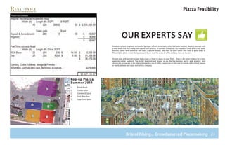 24
1.	 Bristol Beach
2.	 Flexible Lawn
3.	 Community Space
4.	 Food /Beer Area
5.	 Large Event Space
Piazza Feasibility
Bristol Rising... Crowdsourced Placemaking
Piazza Cost Estimates
Our experts Say
Visualize a piazza (or plaza) surrounded by shops, offices, restaurants, cafes. Add some housing. Maybe a fountain with
a man-made river that dumps into a pond with goldfish. Or possibly incorporate the Pequabuck River with a river walk.
Benches, tables with umbrellas and chairs scattered around. Add some of those tables they have in parks down in
Philadelphia where seniors living on Laurel St can meet for a cup of coffee and play chess or checkers.
Sit and relax with an iced tea and read a book or listen to music on your iPod… Stop at the micro brewery for a beer,
appetizer and/or sandwich. Pop in the bookstore and browse or use the free wireless and/or grab a pastry, mini
cheesecake, or cupcake at the bakery along with a cup of coffee, cappuccino or latte and sit outside with a friend, spouse
or family member and enjoy each other’s company.
Pop-up Piazza
Summer 2011
 