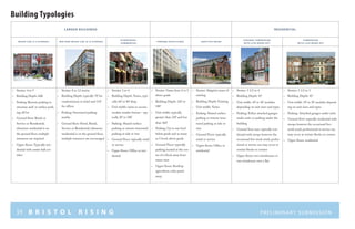 39 B R I S T O L R I S I N G Preliminary submission
larger Buildings residential
Mixed-use (4 -5 stories) Mid-rise Mixed-use (8-12 stories)
storefront
coMMercial
parking structures adaptive reuse
stacked townhouse
with live/work opt.
townhouse
with live/work opt.
Stories: 4 to 5»
Building Depth: 60ft»
Parking: Remote parking in»
structure and/ or surface park-
ing off lot
Ground floor: Retail or»
Service or Residential;
whenever residential is on
the ground floor, multiple
entrances are required
Upper floors: Typically resi-»
dential with center hall cor-
ridor
Stories: 8 to 12 stories»
Building Depth: typically 70’ for»
condominium or hotel and 110’
for offices
Parking: Structured parking»
nearby
Ground floor: Hotel, Retail,»
Service or Residential; whenever
residential is on the ground floor,
multiple entrances are encouraged
Stories: 3 to 4»
Building Depth: Varies, typi-»
cally 60’ or 80’ deep
Unit width: varies to accom-»
modate retailer format – typ-
ically 20’ to 100’
Parking: Shared surface»
parking or remote structured
parking at side or rear
Ground Floor: typically retail»
or service
Upper floors: Office or resi-»
dential
Stories: Varies from 2 to 5»
above grade
Building Depth: 120’ or»
180’
Unit width: typically»
greater than 230’ and less
than 360’
Parking: Up to one level»
below grade and as many
as 5 levels above grade
Ground Floor: typically»
parking located at the cen-
ter of a block away from
street view
Upper floors: Rooftop»
agriculture, solar panel
array
Stories: Adaptive reuse of»
existing
Building Depth: Existing»
Unit width: Varies»
Parking: Shared surface»
parking or remote struc-
tured parking at side or
rear
Ground Floor: typically»
retail or service
Upper floors: Office or»
residential
Stories: 3 1/2 to 4»
Building Depth: 45’»
Unit width: 18’ to 30’ modules»
depending on unit sizes and types
Parking: Either attached garages»
under units or parking under the
building
Ground floor uses: typically resi-»
dential with stoops however the
occasional live-work retail, profes-
sional or service use may occur at
certain blocks or corners
Upper floors: two townhouses or»
one townhouse over a flat
Stories: 2 1/2 to 3»
Building Depth: 45’»
Unit width: 18’ to 30’ modules depend-»
ing on unit sizes and types
Parking: Attached garages under units»
Ground floor: typically residential with»
stoops however the occasional live-
work retail, professional or service use
may occur at certain blocks or corners
Upper floors: residential»
©2010urbandesignassociates
depot square: bristol, connecticut | april 2011 | urban design associates
depot square: kit of partsBuilding Typologies
 