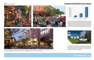64
Commercial Market Assessment
Planning Studies
ESPN is the city’s largest employer, but there are a number of other media
and information service providers in the area that help strengthen the
city’s position in the industry, creating the potential for a new industry
cluster to be fostered in Bristol. As such, Bristol is in a position to become
an Information Services (IS) and media hub.
This chart demonstrates the potential absorption for commercial space,
by Square Feet, in Downtown Bristol through the year 2021. While the
potential exists for up to 975,000 square feet of additional office space to
be absorbed (assuming growth of niche markets and the attraction of
large corporate users), the Renaissance plan includes a more conservative
337,000 square feet of office space that would likely be absorbed through
the creation of a vibrant, walkable, mixed-use downtown environment.
The creation of a mixed-use neighborhood in downtown Bristol coupled with the extension of Route 72 could provide Bristol with the tools necessary
to compete with neighboring locales, which currently attract considerably more prime office users than does Bristol.
 