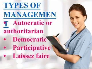 TYPES OF
MANAGEMEN
T• Autocratic or
authoritarian
• Democratic
• Participative
• Laissez faire
 