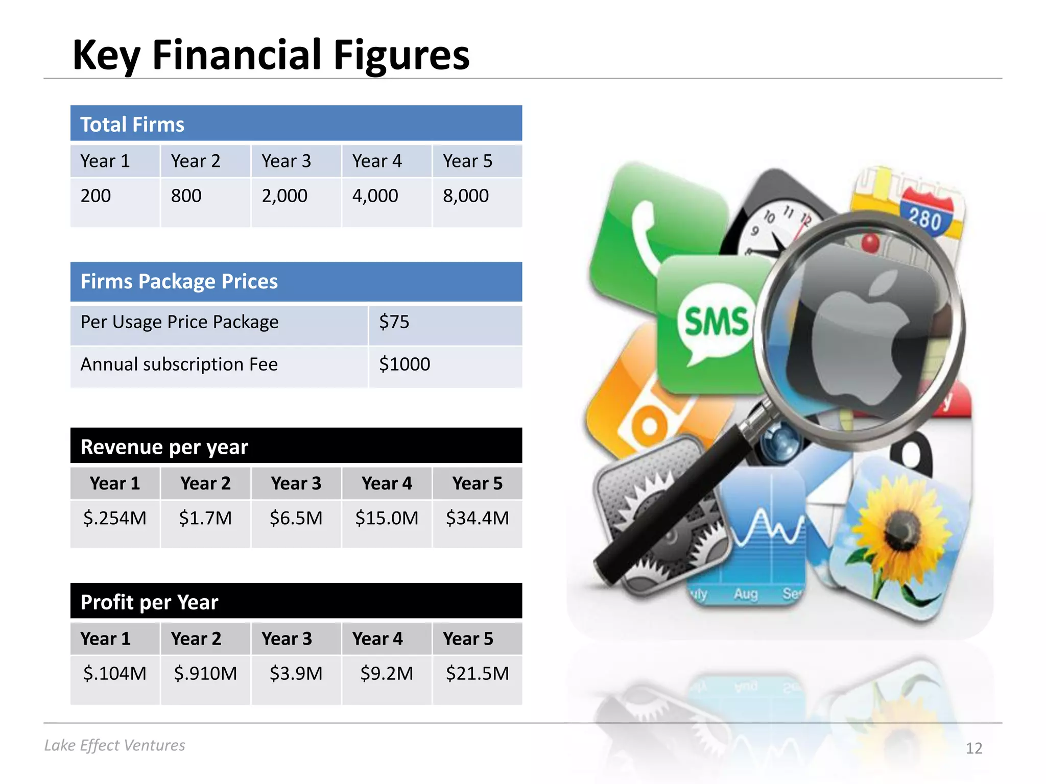 Key Financial Figures
     Total Firms
     Year 1      Year 2     Year 3    Year 4     Year 5
     200         800        2,000     4,000      8,000



     Firms Package Prices
     Per Usage Price Package             $75

     Annual subscription Fee             $1000



     Revenue per year
      Year 1       Year 2    Year 3    Year 4     Year 5
     $.254M        $1.7M    $6.5M     $15.0M     $34.4M



     Profit per Year
     Year 1      Year 2     Year 3    Year 4     Year 5
     $.104M       $.910M    $3.9M     $9.2M      $21.5M


Lake Effect Ventures                                       12
 