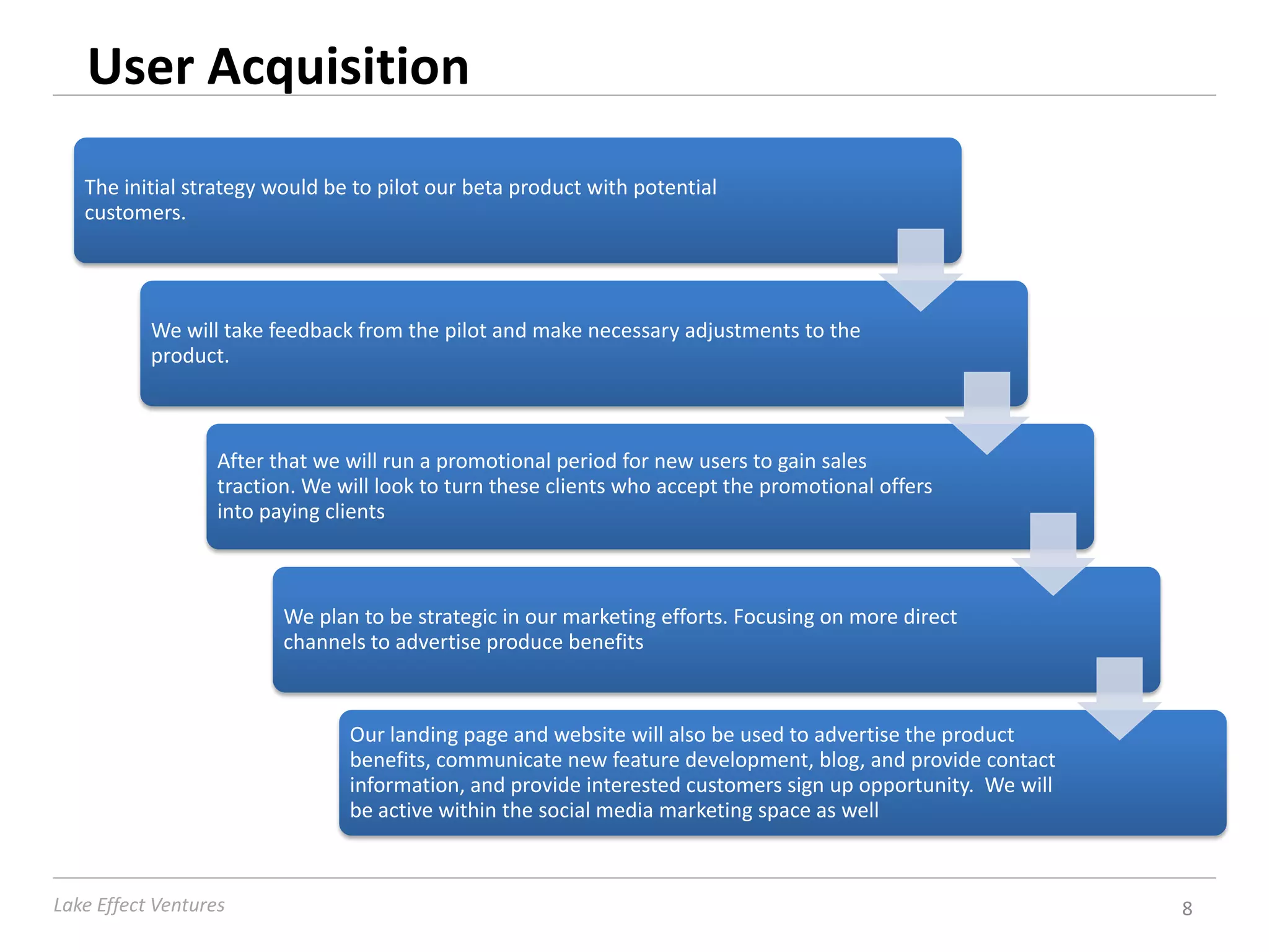 User Acquisition
   The initial strategy would be to pilot our beta product with potential
   customers.




           We will take feedback from the pilot and make necessary adjustments to the
           product.



                   After that we will run a promotional period for new users to gain sales
                   traction. We will look to turn these clients who accept the promotional offers
                   into paying clients



                          We plan to be strategic in our marketing efforts. Focusing on more direct
                          channels to advertise produce benefits



                                 Our landing page and website will also be used to advertise the product
                                 benefits, communicate new feature development, blog, and provide contact
                                 information, and provide interested customers sign up opportunity. We will
                                 be active within the social media marketing space as well



Lake Effect Ventures                                                                                          8
 