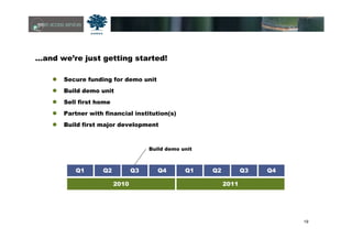 19
…and we’re just getting started!
Secure funding for demo unit
Build demo unit
Sell first home
Partner with financial institution(s)
Build first major development
Q1 Q2 Q3 Q4
2010
Q1 Q2 Q3 Q4
2011
Build demo unit
 