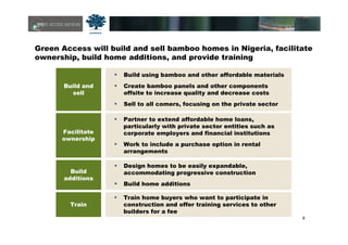 8
Green Access will build and sell bamboo homes in Nigeria, facilitate
ownership, build home additions, and provide training
Build and
sell
Build using bamboo and other affordable materials
Create bamboo panels and other components
offsite to increase quality and decrease costs
Sell to all comers, focusing on the private sector
Build
additions
Design homes to be easily expandable,
accommodating progressive construction
Build home additions
Train
Train home buyers who want to participate in
construction and offer training services to other
builders for a fee
Facilitate
ownership
Partner to extend affordable home loans,
particularly with private sector entities such as
corporate employers and financial institutions
Work to include a purchase option in rental
arrangements
 