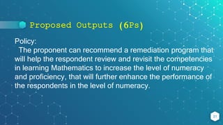 Proposed Outputs (6Ps)
31
Policy:
The proponent can recommend a remediation program that
will help the respondent review and revisit the competencies
in learning Mathematics to increase the level of numeracy
and proficiency, that will further enhance the performance of
the respondents in the level of numeracy.
 