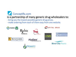ConceptRx.com
is a partnership of many generic drug wholesalers to:
- bring you the lowest possible generic drug prices.
- make ordering from each of them easy from one website.
 