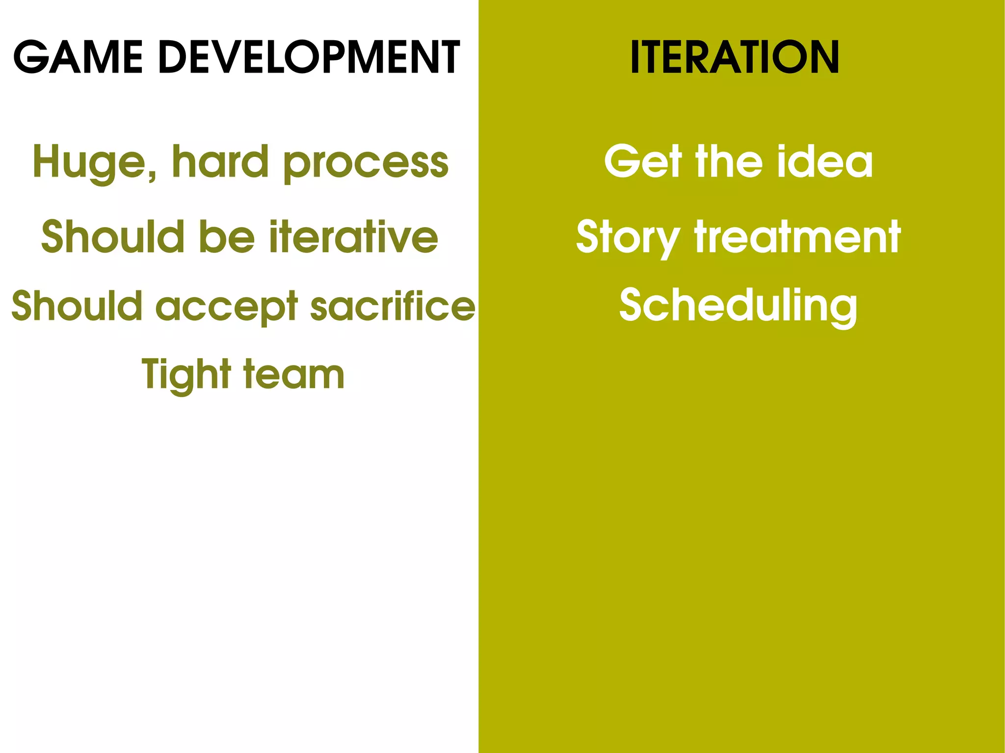 GAME DEVELOPMENT Huge, hard process Should be iterative Should accept sacrifice ITERATION Get the idea Story treatment Scheduling Tight team