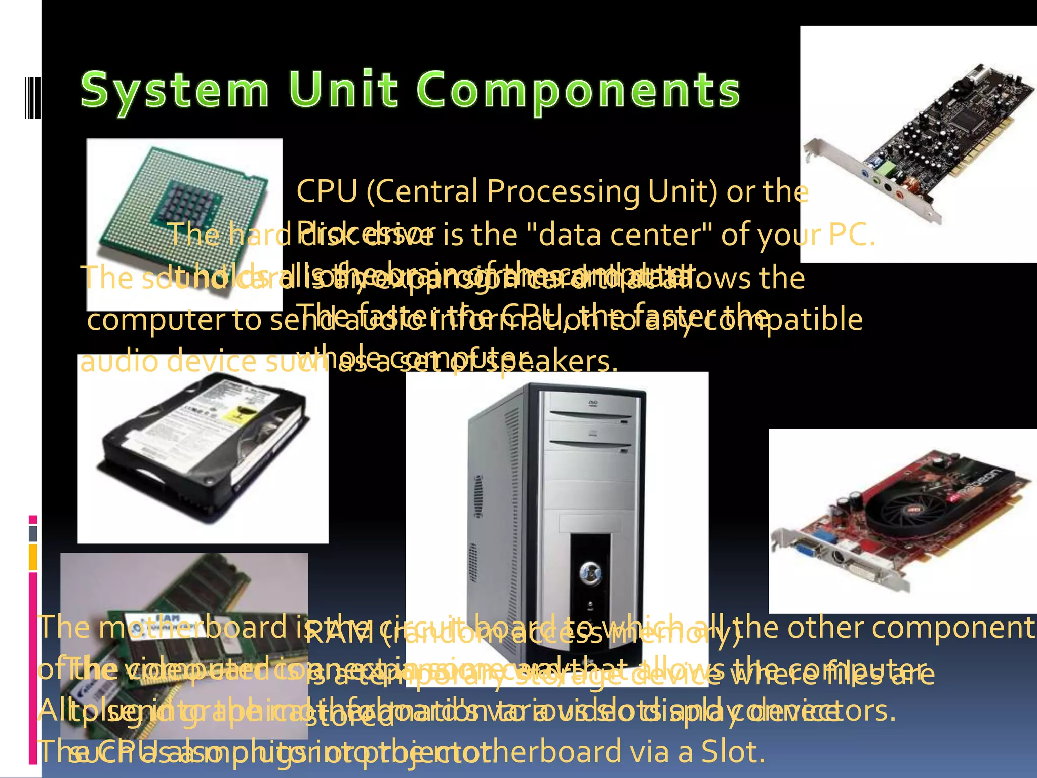 System Unit Components CPU (Central Processing Unit) or the Processoris the brain of the computer.The faster the CPU, the faster the whole computer. The hard disk drive is the "data center" of your PC. It holds all of your programs and data.The sound card is an expansion card that allows the computer to send audio information to any compatible audio device such as a set of speakers.The motherboard is the circuit board to which all the other components of the computer connect in some way. All plug into the motherboard's various slots and connectors.  The CPU also plugs into the motherboard via a Slot.RAM (random access memory) is a temporary storage device where files are storedThe video card is an expansion card that allows the computer to send graphical information to a video display device such as a monitor or projector.