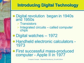Introducing Digital Technology Digital revolution  began in 1940s and 1950s Transistors Integrated circuits – called computer chips Digital watches – 1972 Handheld electronic calculators - 1973 First successful mass-produced computer - Apple II in 1977 Computer Concepts – Illustrated Introductory, Seventh Edition 