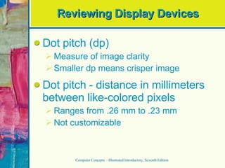 Reviewing Display Devices Dot pitch (dp) Measure of image clarity Smaller dp means crisper image Dot pitch - distance in millimeters between like-colored pixels Ranges from .26 mm to .23 mm Not customizable Computer Concepts – Illustrated Introductory, Seventh Edition 