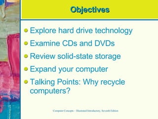 Objectives Explore hard drive technology Examine CDs and DVDs Review solid-state storage Expand your computer Talking Points: Why recycle computers? Computer Concepts – Illustrated Introductory, Seventh Edition 