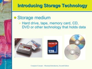 Introducing Storage Technology Storage medium Hard drive, tape, memory card, CD, DVD or other technology that holds data Computer Concepts – Illustrated Introductory, Seventh Edition 