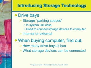 Introducing Storage Technology Drive bays Storage “parking spaces” In system unit case Used to connect storage devices to computer Internal or external When buying computer, find out: How many drive bays it has What storage devices can be connected Computer Concepts – Illustrated Introductory, Seventh Edition 