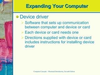 Expanding Your Computer Device driver Software that sets up communication between computer and device or card Each device or card needs one Directions supplied with device or card includes instructions for installing device driver Computer Concepts – Illustrated Introductory, Seventh Edition 