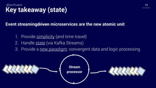 7373
Key takeaway (state)
Event streamingdriven microservices are the new atomic unit:
1. Provide simplicity (and time travel)
2. Handle state (via Kafka Streams)
3. Provide a new paradigm: convergent data and logic processing
Stream
processor
 