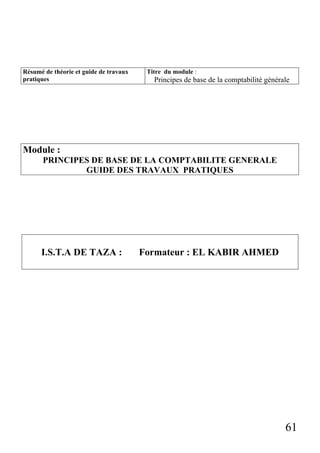Résumé de théorie et guide de travaux
pratiques

Titre du module :

Principes de base de la comptabilité générale

Module :
PRINCIPES DE BASE DE LA COMPTABILITE GENERALE
GUIDE DES TRAVAUX PRATIQUES

I.S.T.A DE TAZA :

Formateur : EL KABIR AHMED

61

 