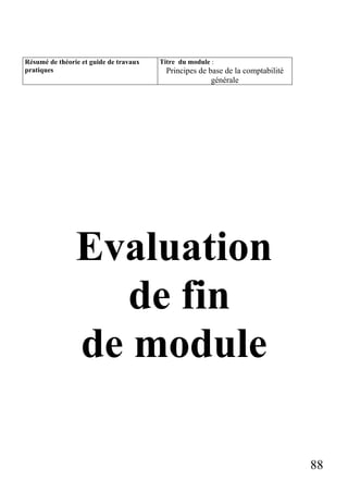 Résumé de théorie et guide de travaux
pratiques

Titre du module :

Principes de base de la comptabilité
générale

Evaluation
de fin
de module
88

 