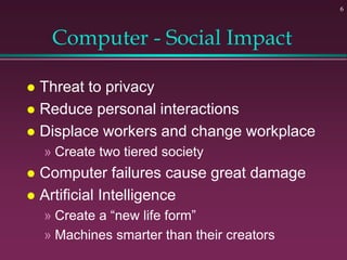 6
Computer - Social Impact
 Threat to privacy
 Reduce personal interactions
 Displace workers and change workplace
» Create two tiered society
 Computer failures cause great damage
 Artificial Intelligence
» Create a “new life form”
» Machines smarter than their creators
 