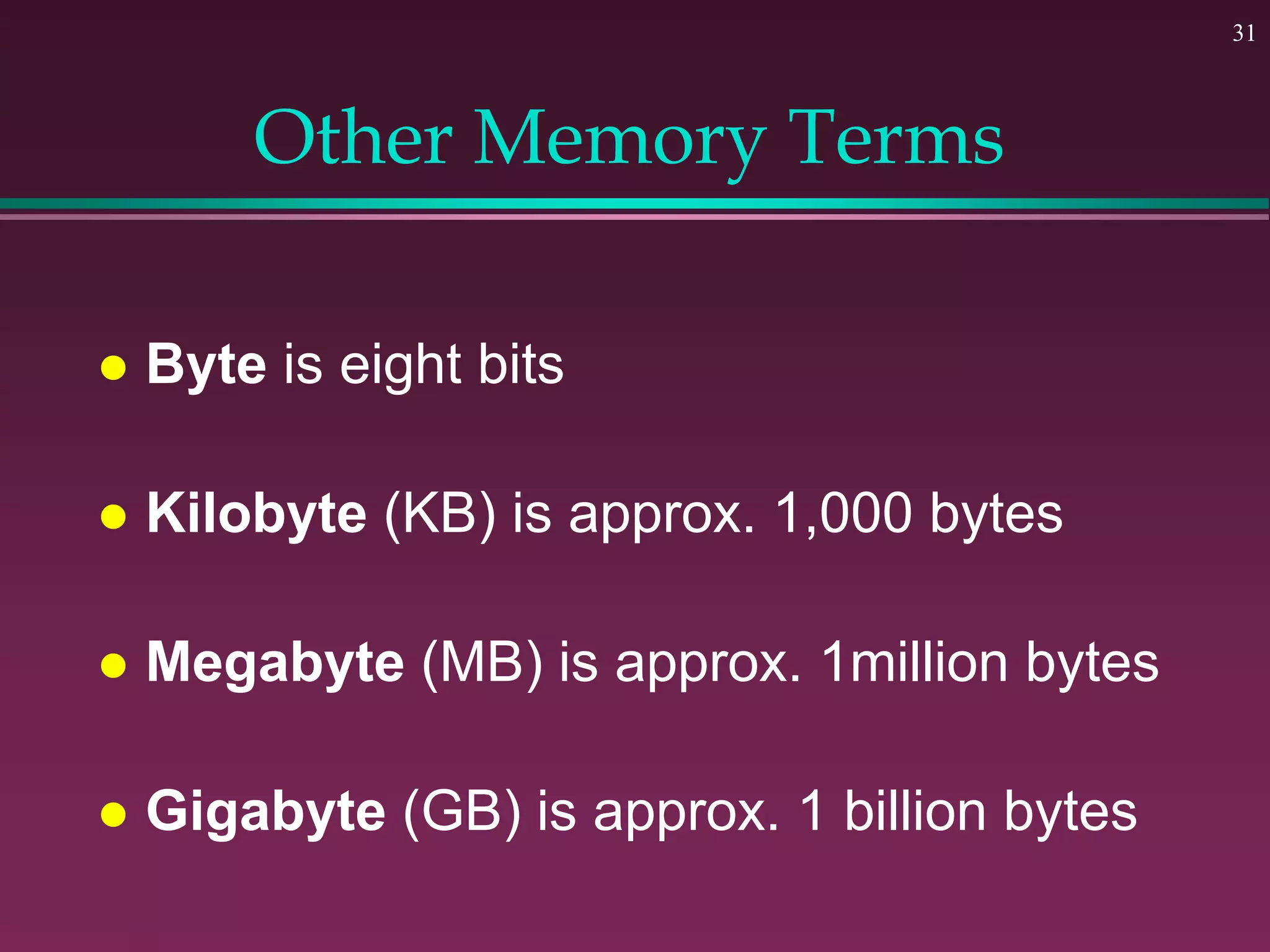31
Other Memory Terms
 Byte is eight bits
 Kilobyte (KB) is approx. 1,000 bytes
 Megabyte (MB) is approx. 1million bytes
 Gigabyte (GB) is approx. 1 billion bytes
 