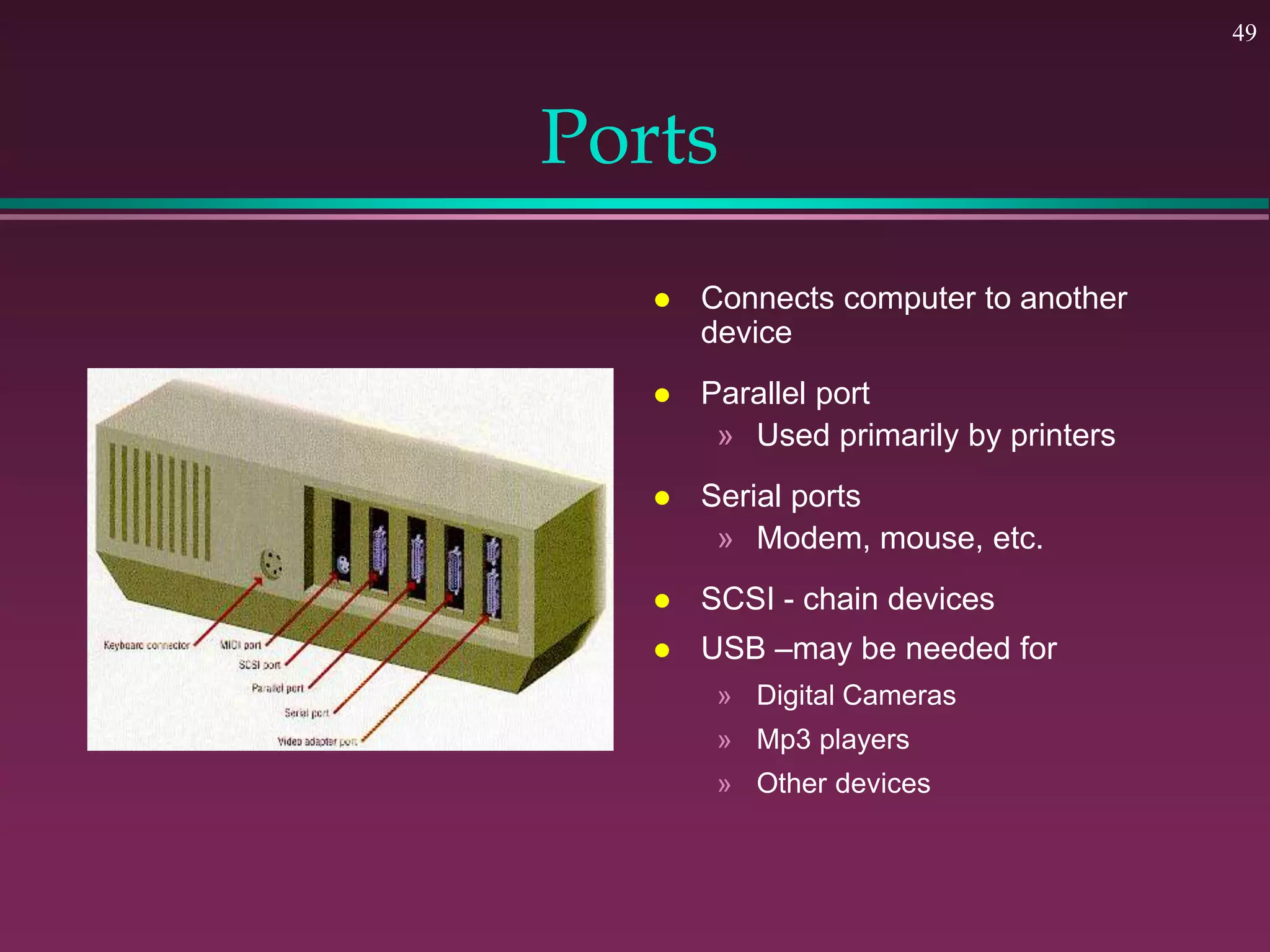 49
Ports
 Connects computer to another
device
 Parallel port
» Used primarily by printers
 Serial ports
» Modem, mouse, etc.
 SCSI - chain devices
 USB –may be needed for
» Digital Cameras
» Mp3 players
» Other devices
 