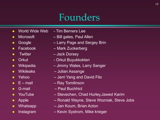 Founders
 World Wide Web - Tim Berners Lee
 Microsoft – Bill gates, Paul Allen
 Google – Larry Page and Sergey Brin
 Facebook – Mark Zuckerberg
 Twitter – Jack Dorsey
 Orkut - Orkut Buyukkokten
 Wikipedia – Jimmy Wales, Larry Sanger
 Wikileaks – Julian Assange
 Yahoo – Jerri Yang and David Filo
 E – mail – Ray Tomilinson
 G-mail – Paul Buchhict
 YouTube – Stevechen, Chad Hurley,Jawed Karim
 Apple – Ronald Wayne, Steve Wozniak, Steve Jobs
 Whatsapp – Jan Koum, Brian Acton
 Instagram – Kevin Systrom, Mike krieger
19
 