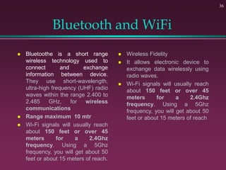 Bluetooth and WiFi
 Bluetoothe is a short range
wireless technology used to
connect and exchange
information between device.
They use short-wavelength,
ultra-high frequency (UHF) radio
waves within the range 2.400 to
2.485 GHz, for wireless
communications
 Range maximum 10 mtr
 Wi-Fi signals will usually reach
about 150 feet or over 45
meters for a 2.4Ghz
frequency. Using a 5Ghz
frequency, you will get about 50
feet or about 15 meters of reach.
36
 Wireless Fidelity
 It allows electronic device to
exchange data wirelessly using
radio waves.
 Wi-Fi signals will usually reach
about 150 feet or over 45
meters for a 2.4Ghz
frequency. Using a 5Ghz
frequency, you will get about 50
feet or about 15 meters of reach
 