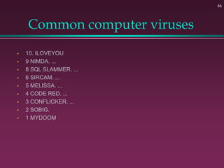 Common computer viruses
• 10. ILOVEYOU
• 9 NIMDA. ...
• 8 SQL SLAMMER. ...
• 6 SIRCAM. ...
• 5 MELISSA. ...
• 4 CODE RED. ...
• 3 CONFLICKER. ...
• 2 SOBIG.
• 1 MYDOOM
46
 