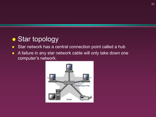  Star topology
 Star network has a central connection point called a hub
 A failure in any star network cable will only take down one
computer’s network.
52
 