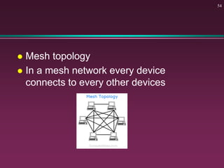  Mesh topology
 In a mesh network every device
connects to every other devices
54
 